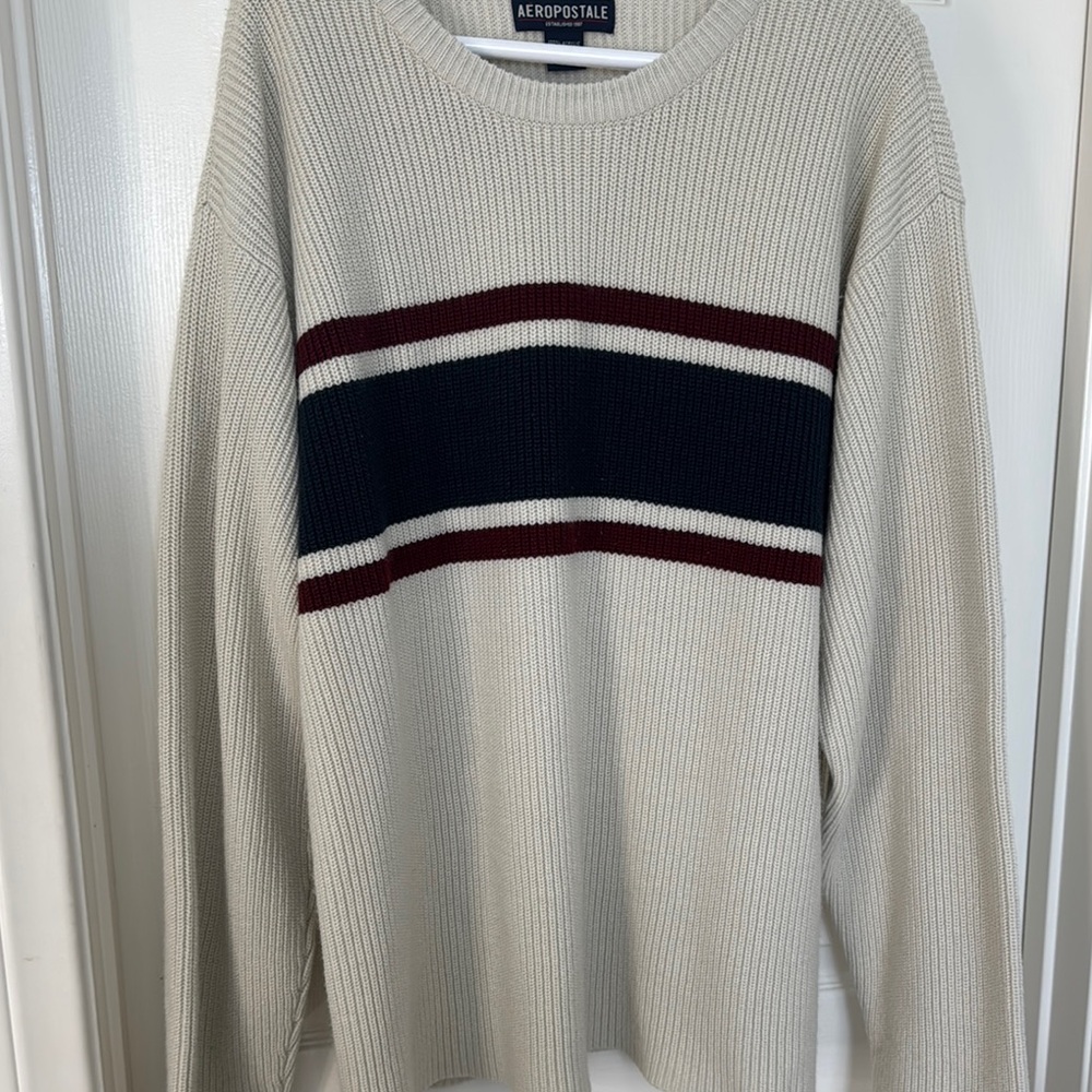 Vintage Y2K Aeropostale Men's Cream Sweater with Stripes